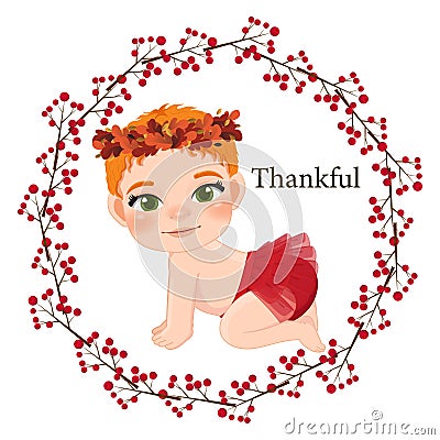 Cute baby girl crawling in fall red berry branches. Baby shower concept in Autumn vector Vector Illustration