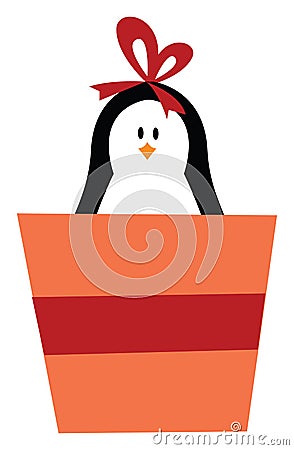Cute baby girl penguin carrying a gift box vector or color illustration Vector Illustration