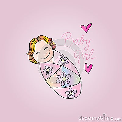 Cute baby girl. Sketchy style. Vector Illustration