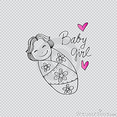 Cute baby girl. Sketchy style. Cartoon Illustration