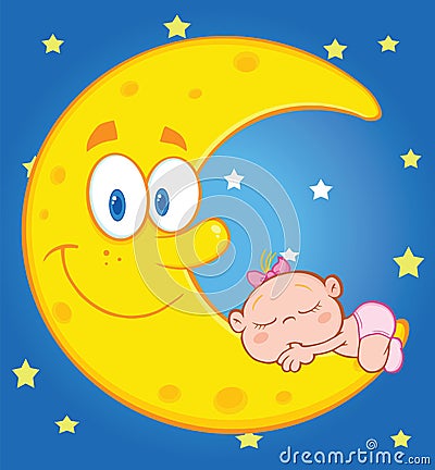 Cute Baby Girl Sleeps On The Smiling Moon Over Blue Sky With Stars Vector Illustration