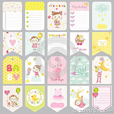 Cute Baby Girl Tags. Baby Banners. Scrapbook Labels. Cute Cards Vector Illustration