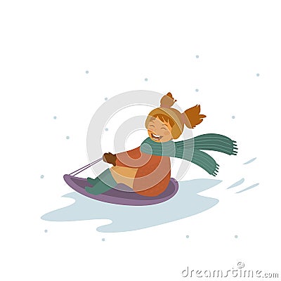 Baby girl winter sledding downhill isolated vector illustration Vector Illustration