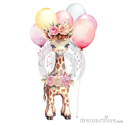 Cute baby Girrafe with Balloons watercolor illustration Cartoon Illustration