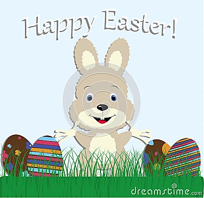 Cute baby greeting card happy Easter. Bunny rabbit in the meadow Vector Illustration