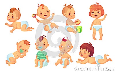 Cute baby. Happy cartoon babies, smiling and laughing toddler isolated vector character set Vector Illustration