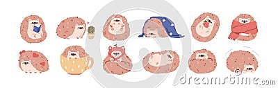 Cute baby hedgehogs set. Happy funny kawaii animal relaxing, sleeping, reading. Amusing adorable fluffy little forest Vector Illustration