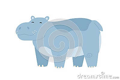 Cute baby hippo standing with closed eyes and smile. Funny happy hippopotamus. Colored flat vector illustration of Vector Illustration
