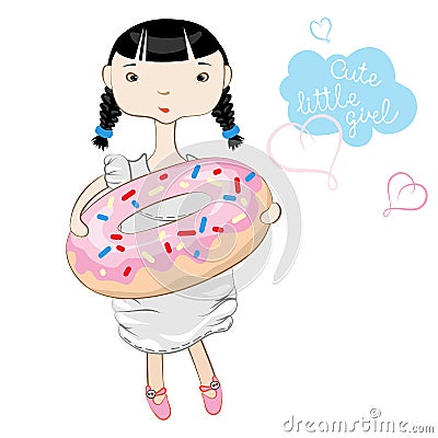 Cute baby holding big donut with pink icing and sprinkles. Little Chinese girl. Cartoon style Vector Illustration