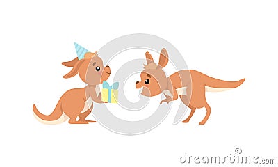 Cute Baby Kangaroo Jumping and Holding Gift Box Vector Set Vector Illustration