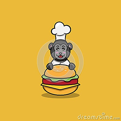 Cute Baby King Kong Chef On Hamburger. Character, Mascot, Icon, Logo, Cartoon and Cute Design. Vector Illustration