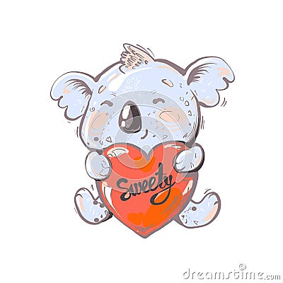 Cute baby Koala Bear holding red heart with word sweety Vector Illustration