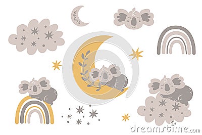 Cute baby koala sleeping on the moon clipart collection Grey kids moon, baby animal, cloud rainbow, stars Vector Illustration