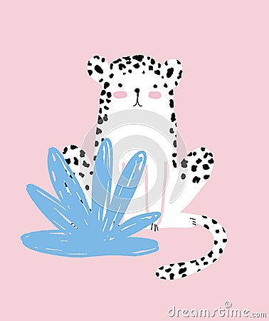 Little Baby Cheetah. Little White Wild Cat Sitting Behind a Blue Bush. Vector Illustration