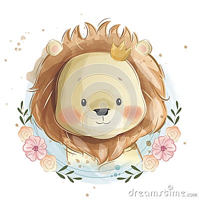 Cute Baby Lion Wearing Crown Vector Illustration