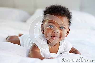 Cute Baby Lying On Tummy In Parent's Bed Stock Photo