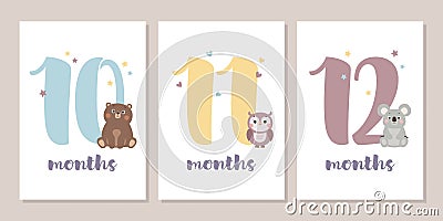 Cute baby month anniversary card with numbers and animals Vector Illustration