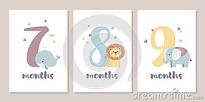 Cute baby month anniversary card with numbers and animals Vector Illustration