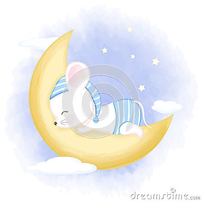 Cute baby mouse sleeping on moon hand drawn cartoon animal illustration watercolor Vector Illustration
