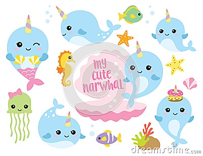 Cute Baby Narwhal or Whale Unicorn with Other Sea Animals Vector Illustration