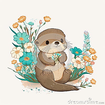 Cute Baby Otter Floral,Wildlife, Innocent, Playful, Charming, Spring Flowers, illustration ,clipart, isolated on white background Stock Photo