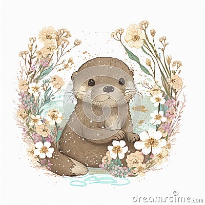 Cute Baby Otter Floral,Wildlife, Innocent, Playful, Charming, Spring Flowers, illustration ,clipart, isolated on white background Stock Photo