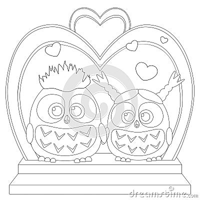 Cute baby owl in love black and white wedding poster, heart, arc, stair Vector Illustration