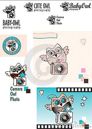 Cute Baby-Owl Photographer vector logo variations. Owl with a camera. Black and white. Color. Decorative elements Vector Illustration