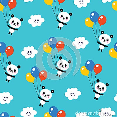 Cute baby panda bears, clouds, balloons, sky pattern Vector Illustration