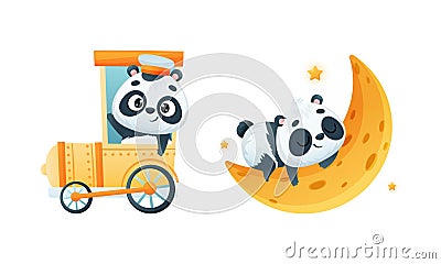 Cute Baby Panda Character Sleeping on Crescent and Driving Train Vector Set Vector Illustration