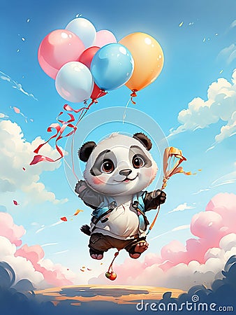 A cute baby panda flying with a balloon. Stock Photo