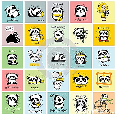 Cute baby pandas. Toy animals chinese symbols panda bear adorable funny baby mascot vector characters collection in Vector Illustration