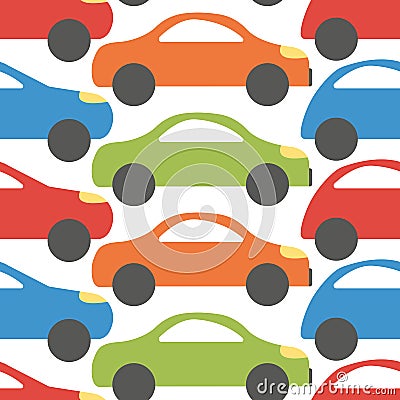 Cute baby pattern. Cars for boys. Flat seamless pattern with bright colored minicar on white background. Vector Illustration