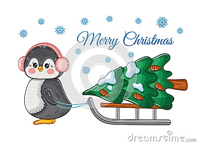 Cute baby penguin bird in earmuffs pull sled with Christmas tree. Arctic animal character. Holiday New Year greeting card vector Vector Illustration