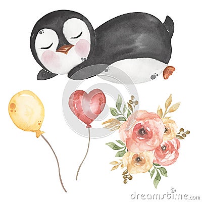 Cute Baby Penguin Clipart, Watercolor Little Sleeping Arctic White Animal illustration with flowers and balloons, Winter kids Cartoon Illustration