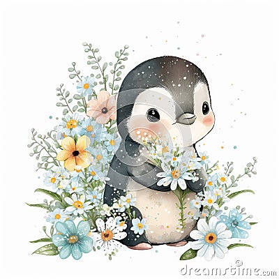 Cute Baby Penguin Floral, Spring Flowers, illustration ,clipart, isolated on white background Stock Photo