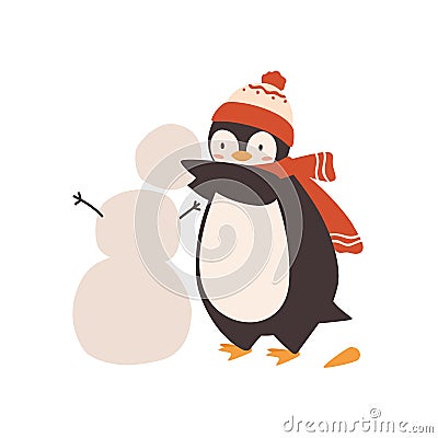 Cute baby penguin making snowman, holding snow ball vector flat illustration. Funny arctic bird wearing bobble hat and Vector Illustration