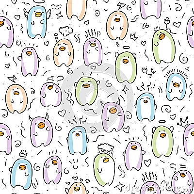 Cute baby penguin seamless pattern. Cartoon penguins with fun elements and decorations. Emotional baby penguins Vector Illustration