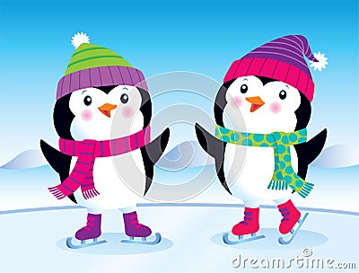 Cute Baby Penguins On Ice Skates In Wintertime Stock Photo