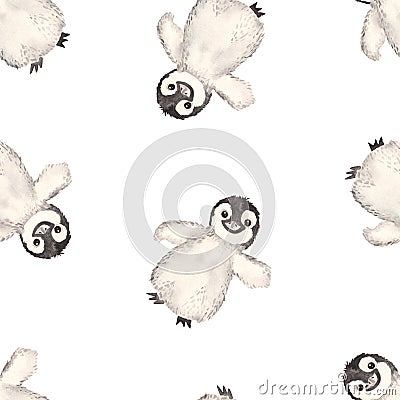 Watercolor seamless multidirectional pattern with cute baby penguins Stock Photo