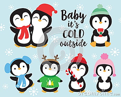 Cute Baby Penguins in Winter Vector Illustration