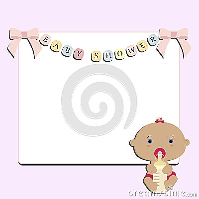 Cute baby pink background with white square frame. Baby girl Vector Illustration