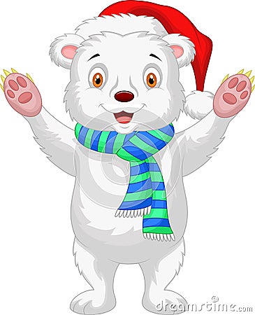 Cute baby polar bear cartoon wearing red hat Vector Illustration