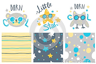 Cute baby prints and seamless patterns. Hand drawn vector illustration. For kid`s or baby`s shirt design, fashion print Vector Illustration