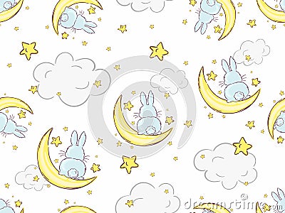 Cute baby rabbit animal seamless dream pattern, moons with gold stars in night sky, bunny illustration for children Vector Illustration