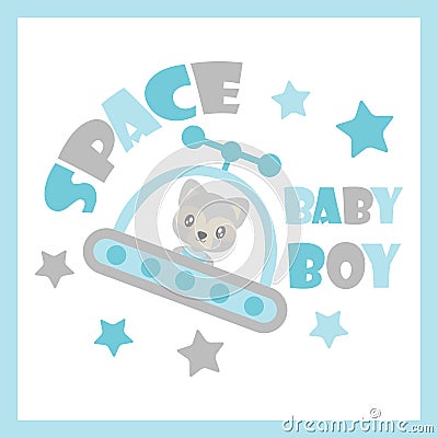 Cute baby raccoon as space boy cartoon illustration for baby shower card design Vector Illustration