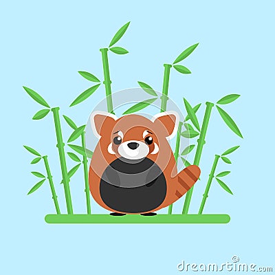 Cute baby red panda standing between the bamboo Vector Illustration