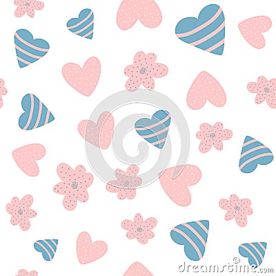 Cute baby seamless pattern with flowers and hearts. Drawn by hand. Vector Illustration