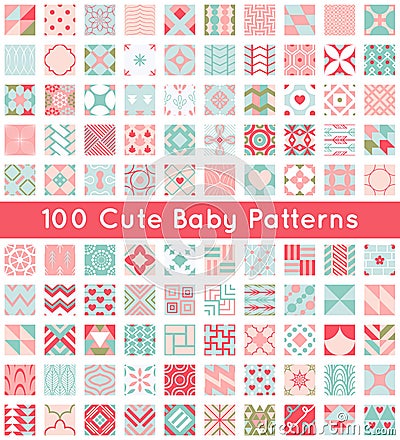 100 Cute baby seamless pattern. Retro pink, white Vector Illustration