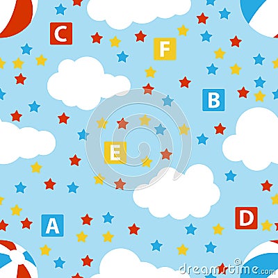 Cute baby seamless pattern with stars, cubes, beach ball, clouds, rainbow. Seamless watercolor clouds and stars pattern. Vector Cartoon Illustration
